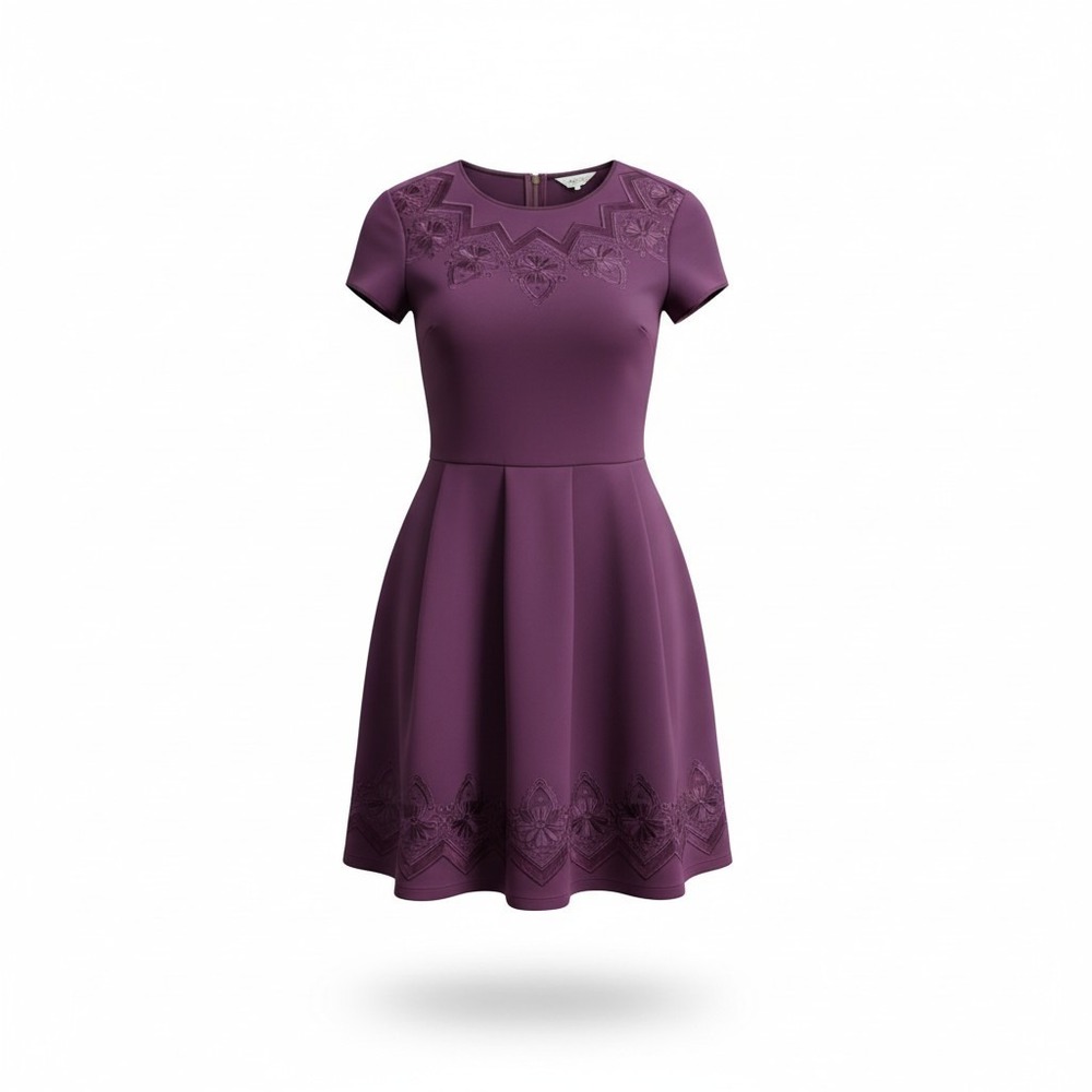 Ted Baker London Purple Embroidered Mesh Skater Dress Short Sleeve Size 8 Plum